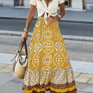 Yellow Boho Women's Vacation Style Allover Print Skirt